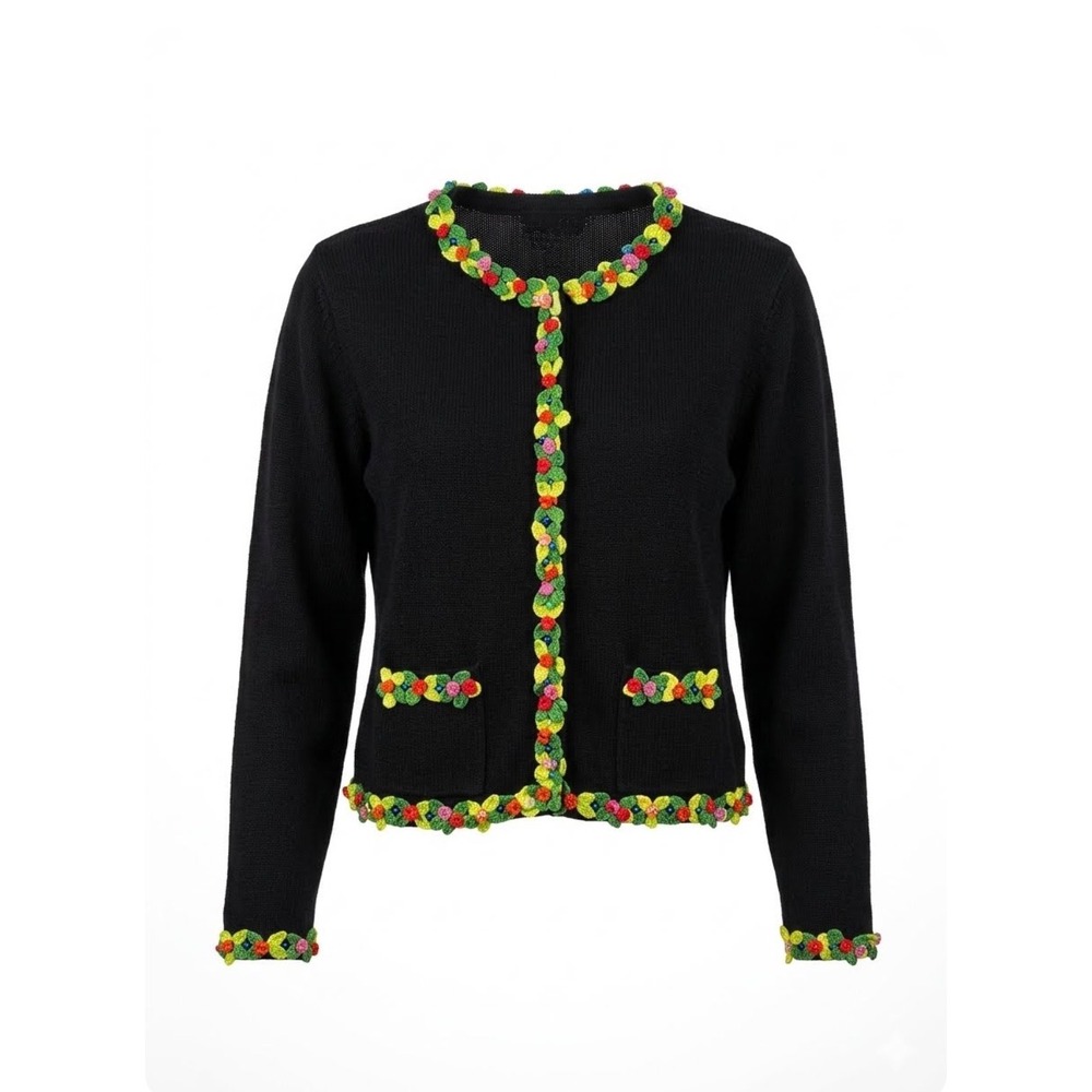 Vntg Bellepointe 3D Floral Crochet Cardigan Sweater Black L: Novelty Grannycore